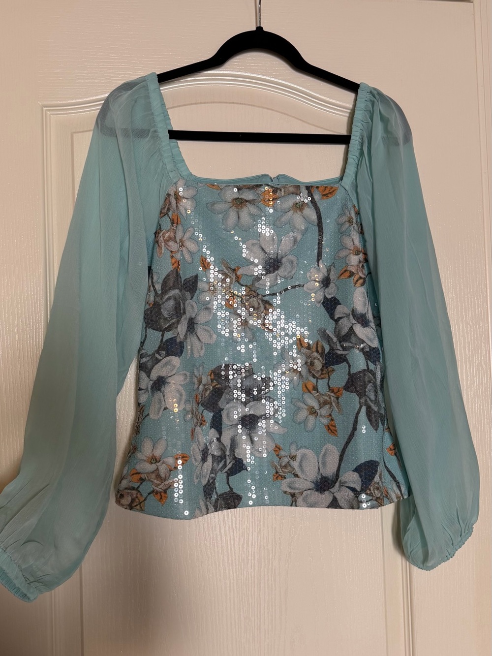 VENUS Aqua Floral Sequin Puff-Sleeve Blouse